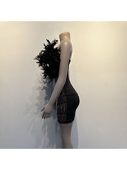 See-through Feather Hot Drilling Sleeveless Dress