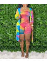 Sexy Tie-Dye Long Sleeve Cardigan 2pc Rompers Sets