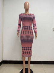 Pink Printing Long Sleeve Dress