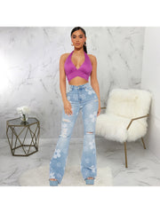 Fashion Flower Printed Ripped Flared Jeans