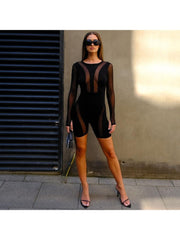 Long Sleeve  Sexy Mesh Stitched Zipper Rompers