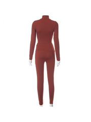 Pure Color High Neck Long Sleeve Trousers Set