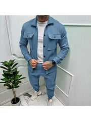 Men Fall Solid Velvet Jacket 2pc Pants Sets