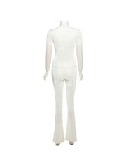 Pure Color Short Sleeve Top High Waist Casual Long Pants Suit