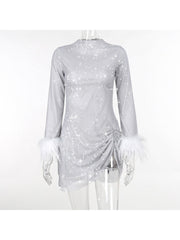 Sexy Slim Fit Sparkling Feather Long Sleeve Dress