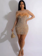Solid Color Mesh Feather Hot Drill Long Sleeve Short Dress Dress