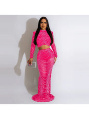 Pure Color Mesh Rhinestone Long Sleeve Top And Wrap Hip Skirt Two Piece Set