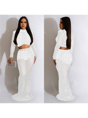 Pure Color Mesh Rhinestone Long Sleeve Top And Wrap Hip Skirt Two Piece Set