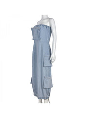 Pure Color Zipper Multi-pocket Tube Denim Dress