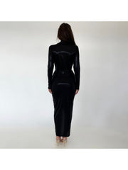 Sexy Deep V Long Sleeve Pleated Bodycon Maxi Dress