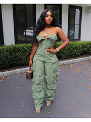 Solid Color Sleeveless Cargo Jumpsuit
