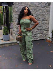 Solid Color Sleeveless Cargo Jumpsuit