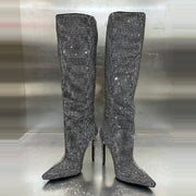 Hotfix Rhinestones Pointed Stiletto Knee-high Boots
