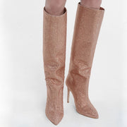 Hotfix Rhinestones Pointed Stiletto Knee-high Boots