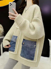 Long Sleeve Denim Pocket Knitting Patchwork Sweaters