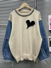 Heart Denim Patchwork Loose Knitting Sweaters