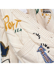 Colorblock Embroidery Knitting Button Up Cardigan