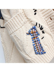 Colorblock Embroidery Knitting Button Up Cardigan
