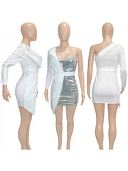Asymmetrical Sequin One Shoulder Blazers Dress