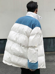 Patchwork Wool Zipper Stand Collar Coat