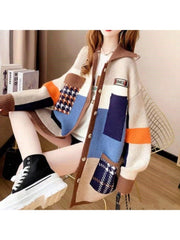 Contrast Color Patchwork Doll Collar Knitting Cardigan