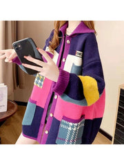 Contrast Color Patchwork Doll Collar Knitting Cardigan