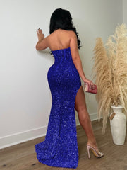 Sequin Patchwork Strapless Fitted Trailing Dress