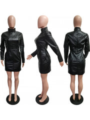 Patchwork PU Zipper Long Sleeve Mini Dress