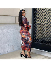 Tiger Printed Fitted Crew Neck Long Sleeve Dress