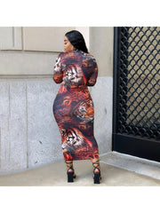 Tiger Printed Fitted Crew Neck Long Sleeve Dress