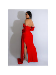Ribbons Ruched Strapless Trailing Maxi Dresses