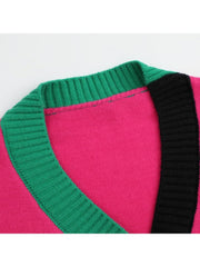 Colorblock Knitting V Neck Pocket Cardigan