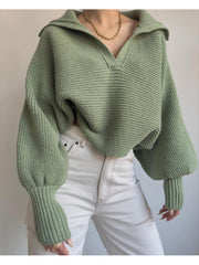 Solid Color Lantern Sleeve Collar  Pullover Sweater