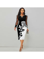 Patchwork Puff Sleeve Fitted Long Sleeve Dress