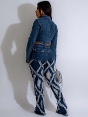 Rhombus Lattice Frayed Denim Flared Jeans