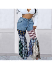 Houndstooth Square Patchwork Ruffle Jeans
