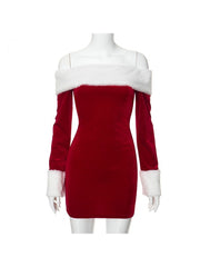 Fuzzy Trim Colorblock Off Shoulder Mini Dress