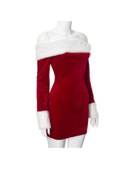 Fuzzy Trim Colorblock Off Shoulder Mini Dress