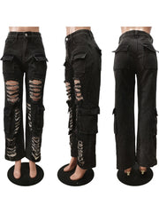 Hollow Out Distressed Denim Cargo Jeans