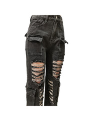 Hollow Out Distressed Denim Cargo Jeans