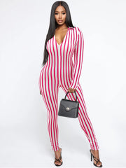 Striped Mid-rise Bodycon Long Sleeve Jumpsuits