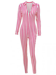Striped Mid-rise Bodycon Long Sleeve Jumpsuits