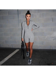 Patchwork Zipper Fitted Long Sleeve Rompers