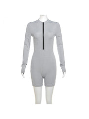 Patchwork Zipper Fitted Long Sleeve Rompers