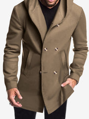 Solid Color Hooded Fitted Double-breasted  Coat