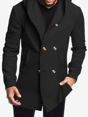 Solid Color Hooded Fitted Double-breasted  Coat