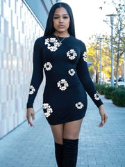 Floral Printed Fitted Long Sleeve Mini Dress