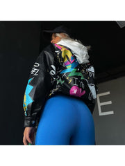 Colorblock Graffiti Cargo Leather Lapel Jackets