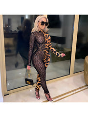 Leopard Denim Printed See Through Fitted Jumpsuit