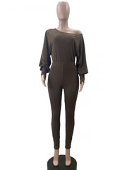 Solid Inclined Shoulder Batwing Sleeve Jumpsuit